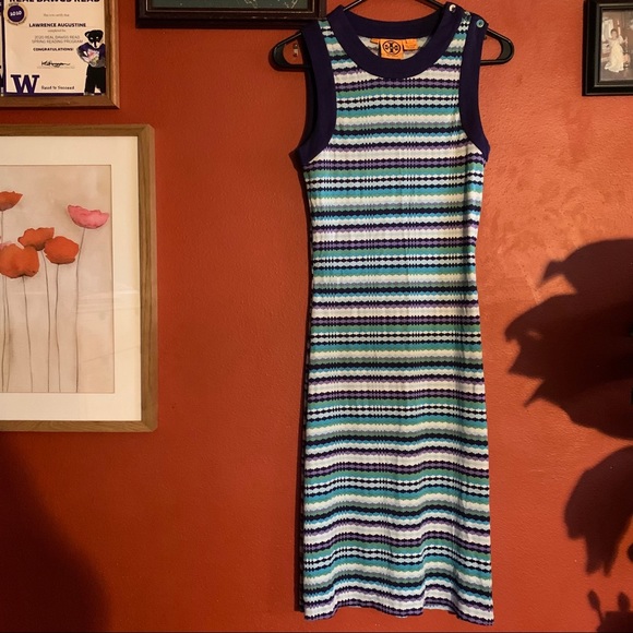 SOLD TORY BURCH 100% Silk Multi color stripe mid Dress - Picture 2 of 12